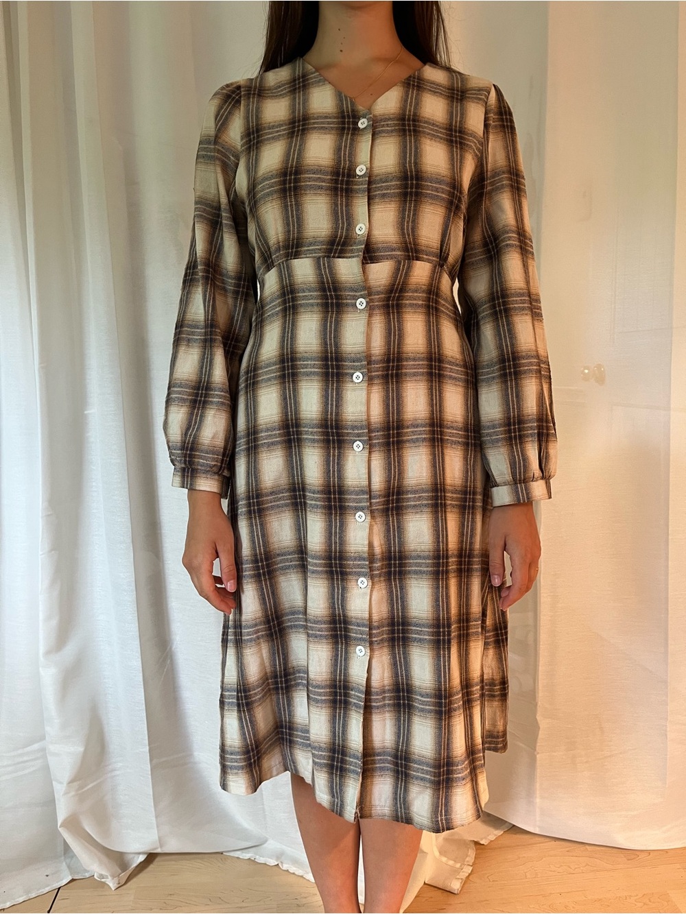 Plaid Button-Front Midi Dress in Cream and Brown